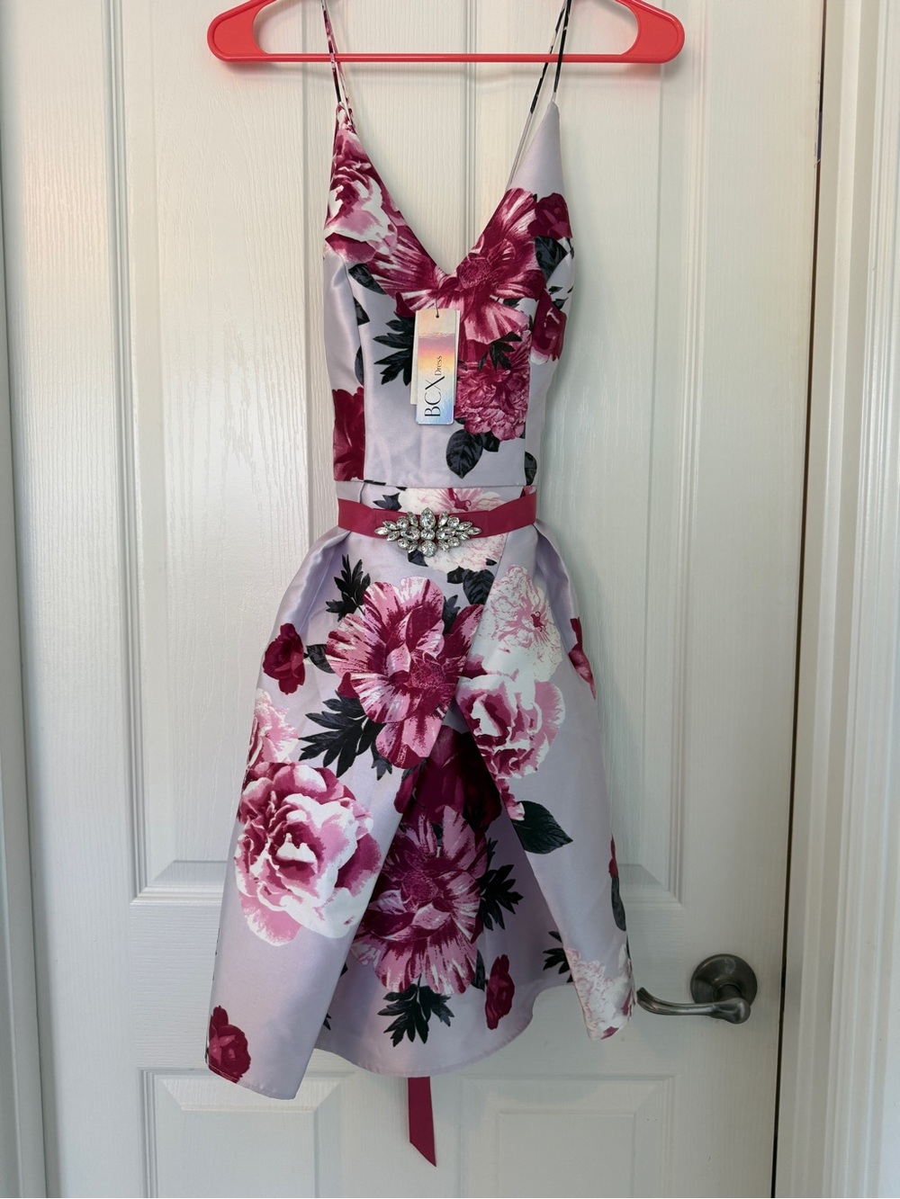 BCX Girls Pink and White Floral V-Neck A-Line Dress with Jeweled Belt
